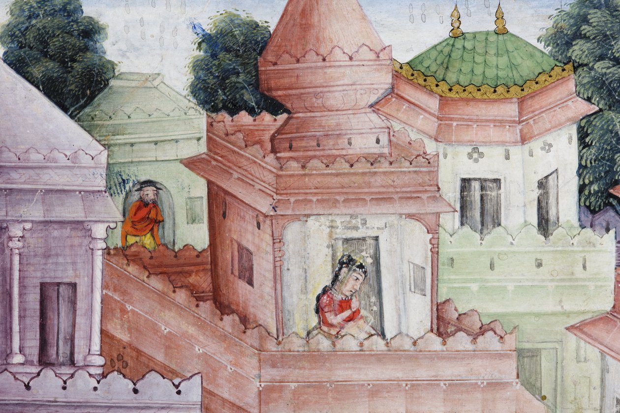 Detalj fra Krishna Cleaves the Demon Narakasura med diskosen sin, ca. 1585-90 (ugjennomsiktig wc og gull på papir) av Indian School