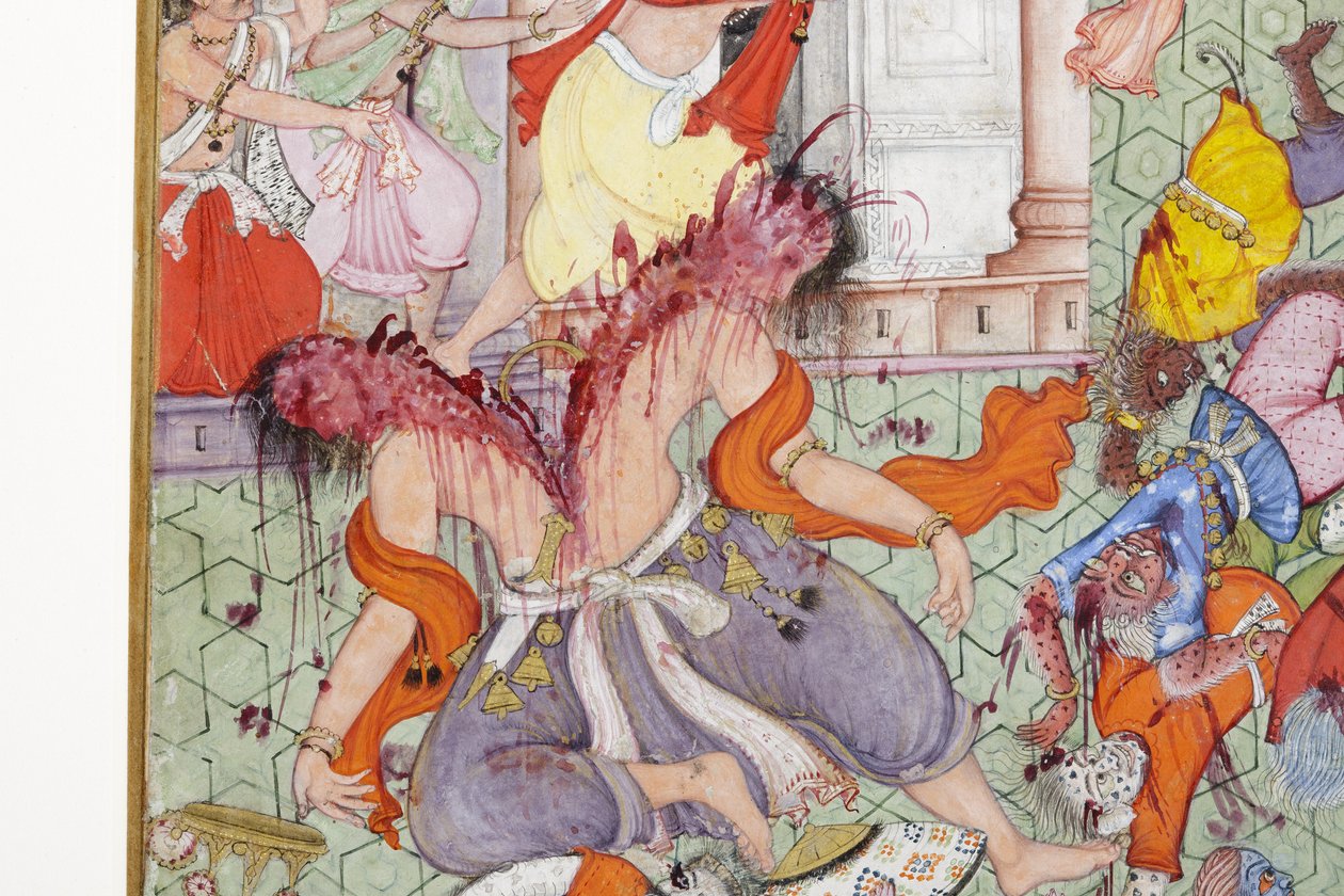 Detalj fra Krishna Cleaves the Demon Narakasura med diskosen sin, ca. 1585-90 (ugjennomsiktig wc og gull på papir) av Indian School