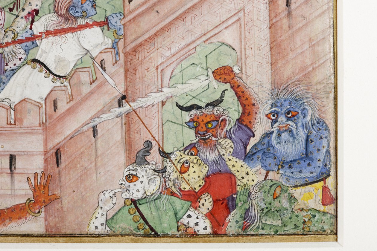 Detalj fra Krishna Cleaves the Demon Narakasura med diskosen sin, ca. 1585-90 (ugjennomsiktig wc og gull på papir) av Indian School