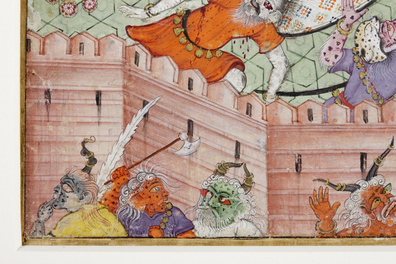 Detalj fra Krishna Cleaves the Demon Narakasura med diskosen sin, ca. 1585-90 (ugjennomsiktig wc og gull på papir) av Indian School