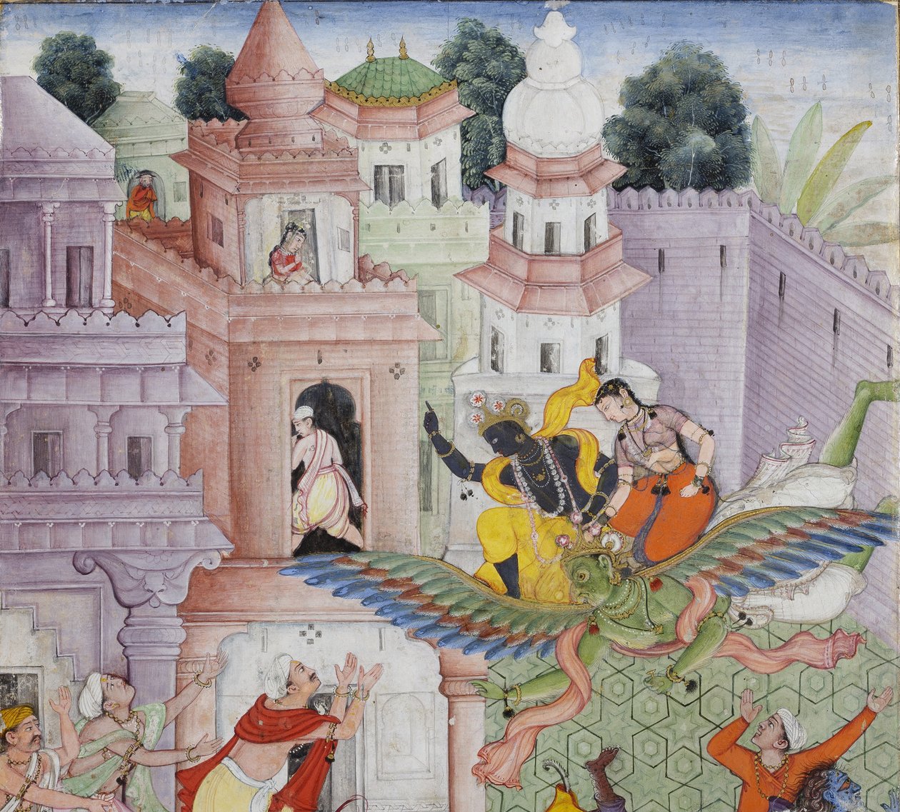 Detalj fra Krishna Cleaves the Demon Narakasura med diskosen sin, ca. 1585-90 (ugjennomsiktig wc og gull på papir) av Indian School