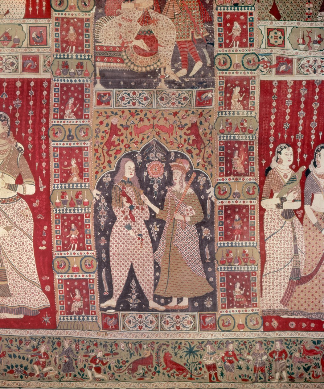 Detalj av et veggheng dekorert med europeiske figurer (malt bomull) av Indian School