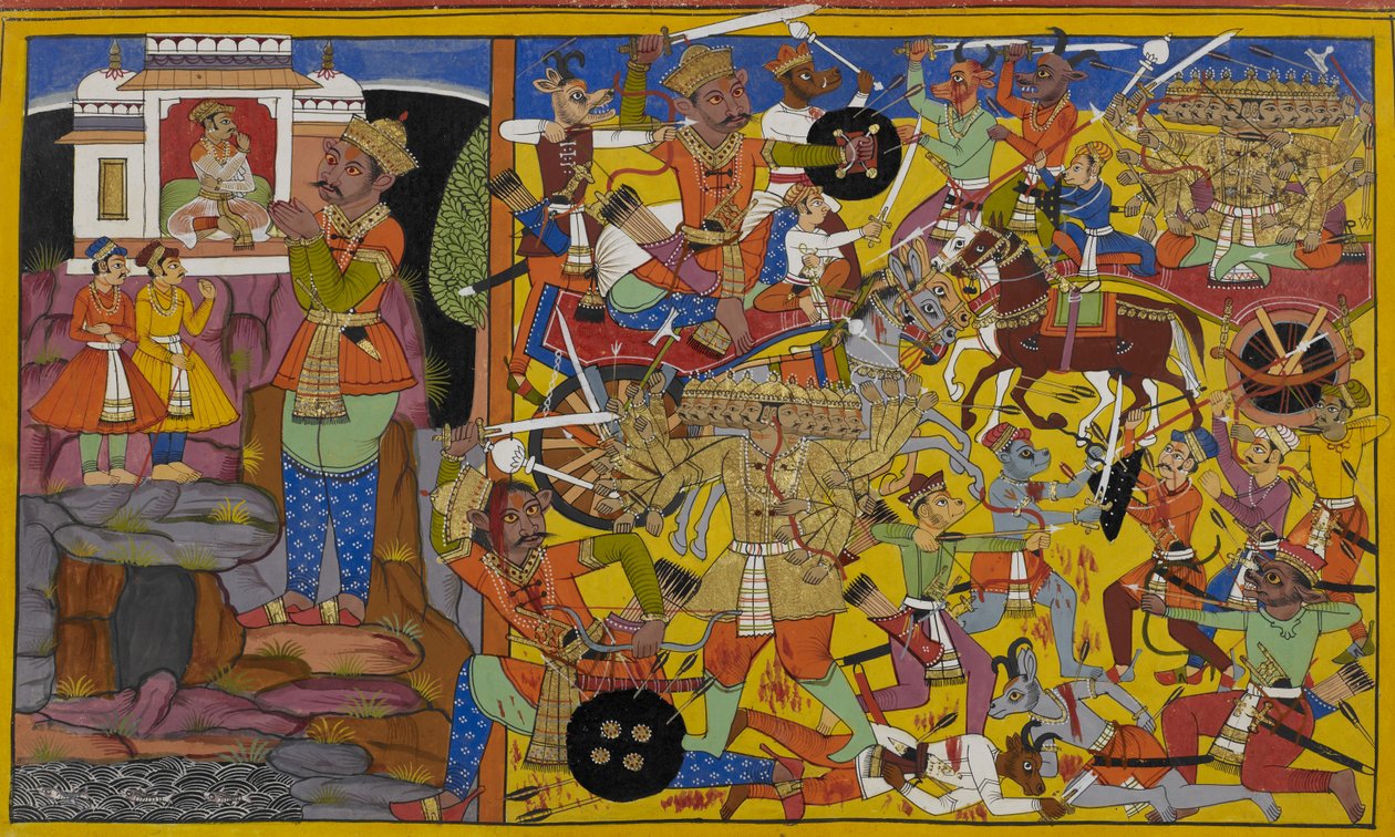 Dhanada sender Manibhadra for å kjempe mot Rāvaṇa, vist å kjempe hardt av Indian School