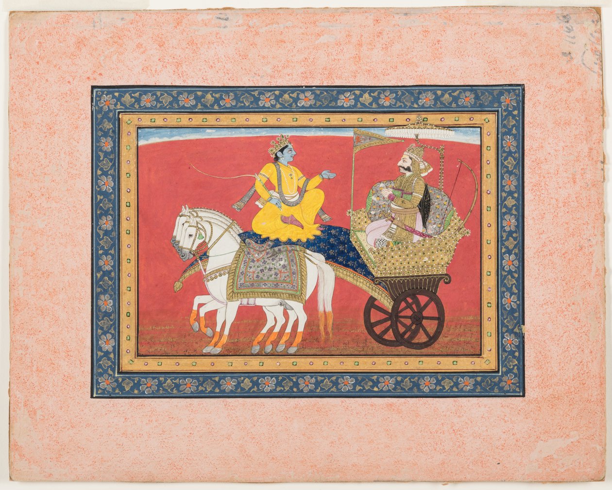 Dialog mellom Krishna og Arjuna på slagmarken i Kurukshetra, ca. 1820 (ugjennomsiktig akvarell og gull på papir) av Indian School