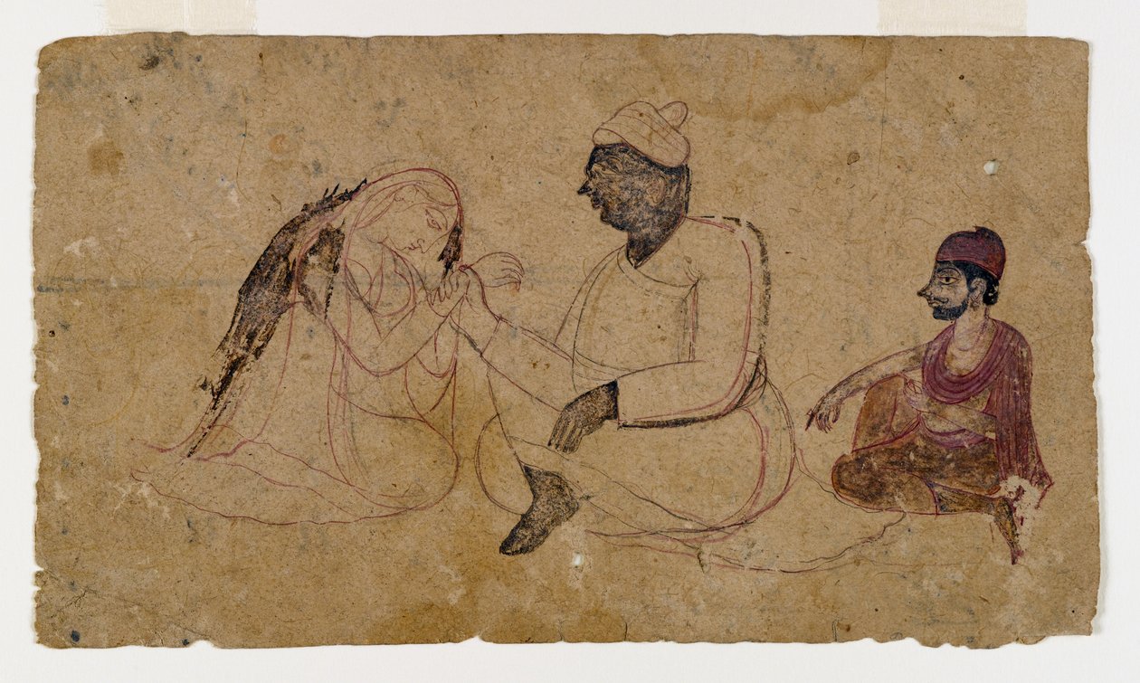 Tegning av tre sittende figurer, ca. 1750 (blekk og farge på papir) av Indian School