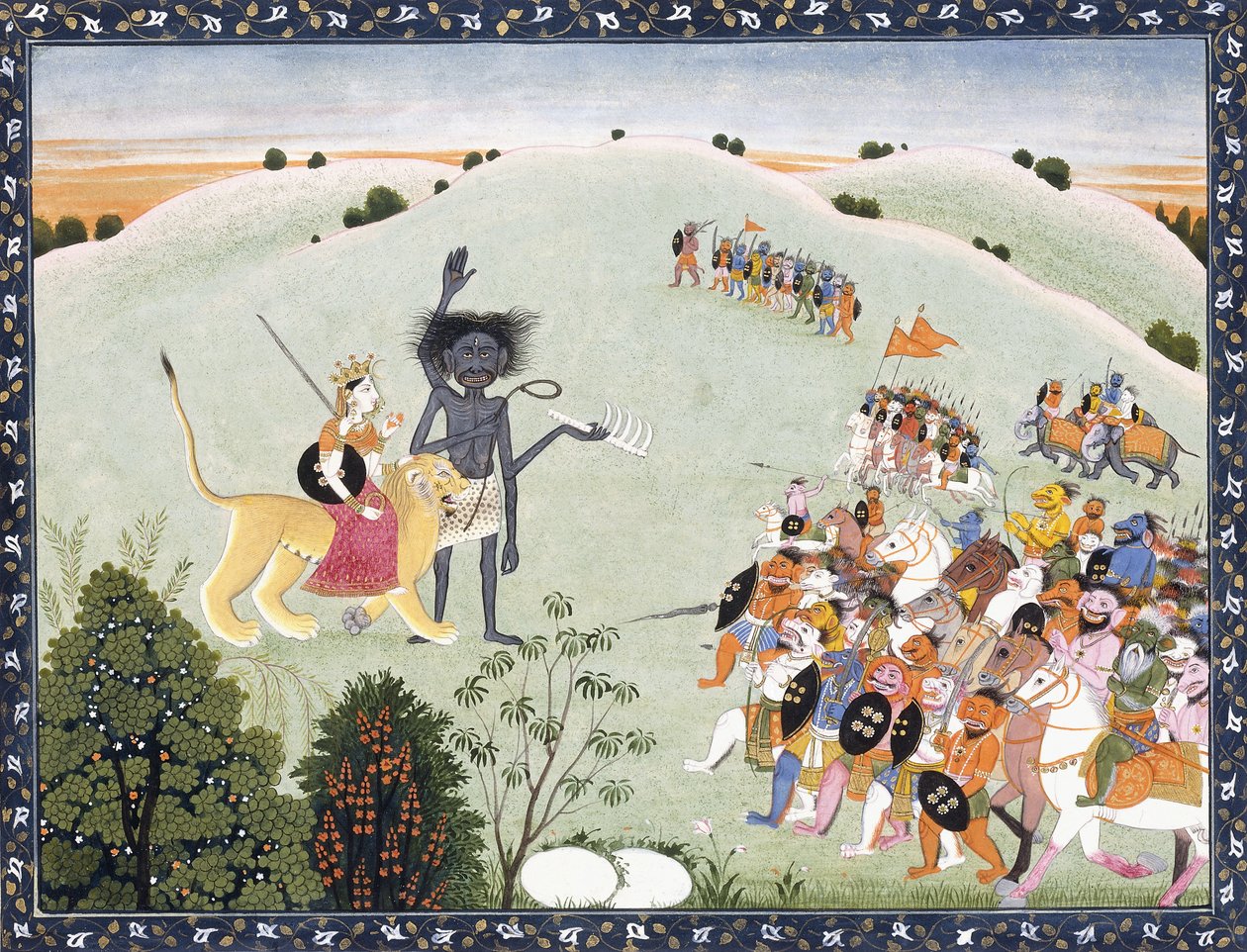 Durga og Kali står foran den fremadstormende verten av demoner, ca. 1800-1820 av Indian School