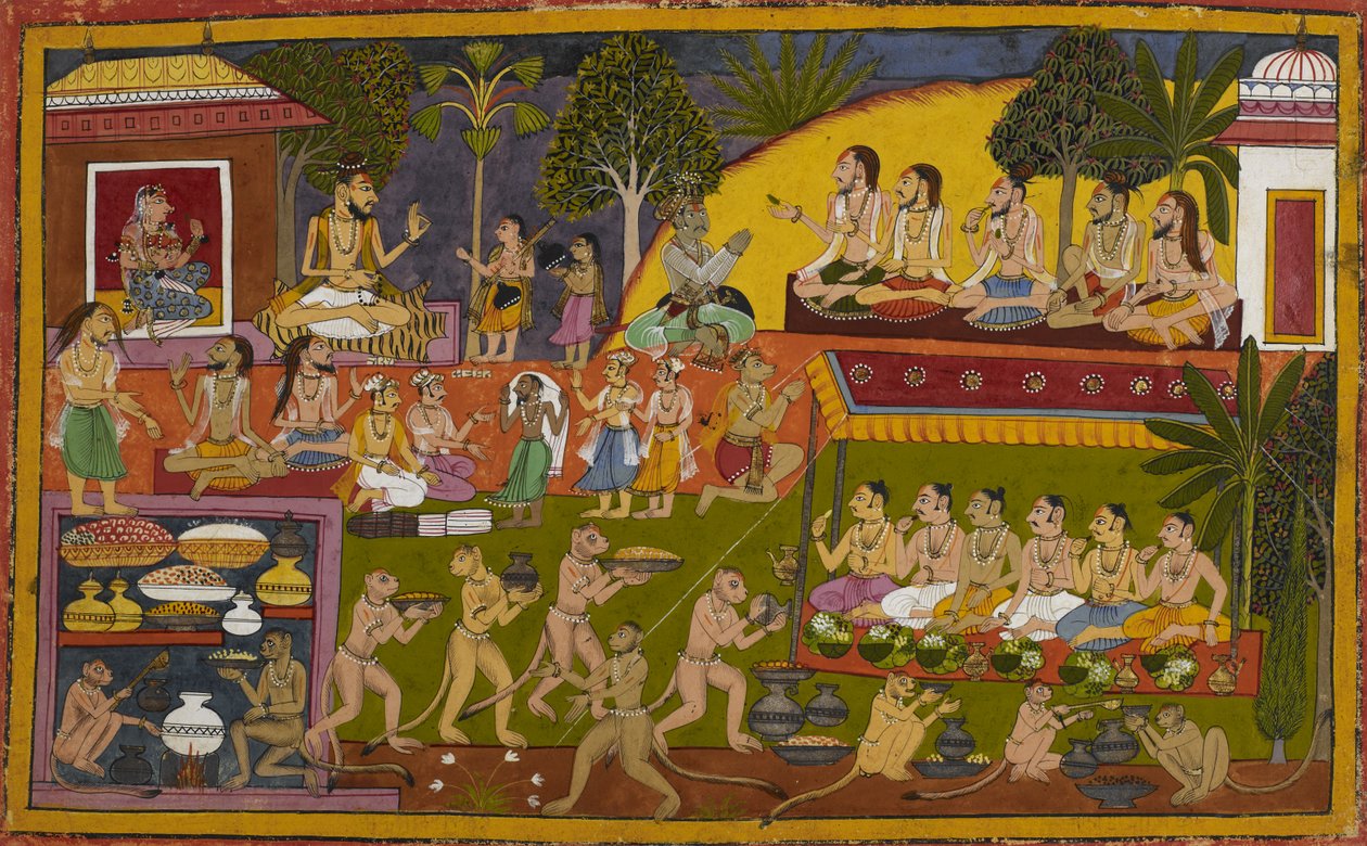 Under Aśvamedha-offeret hedrer Vibhīṣaṇa asketene. Bharata og Śatrughna hjelper til med ritualene. av Indian School