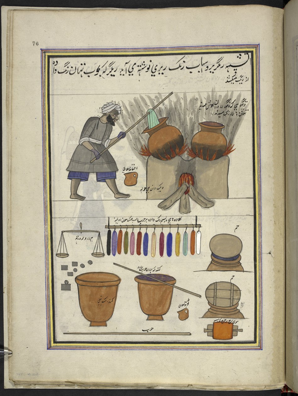 Farger på jobb døende klut,  86 tegninger bundet inn i et bind som viser håndverk og yrker i Kashmir, håndverkere vises i arbeid med redskaper og utstyr,  Av en Kashmir-kunstner, sannsynligvis i Srinagar, ca. 1850-60 (gouache på papir) av Indian School