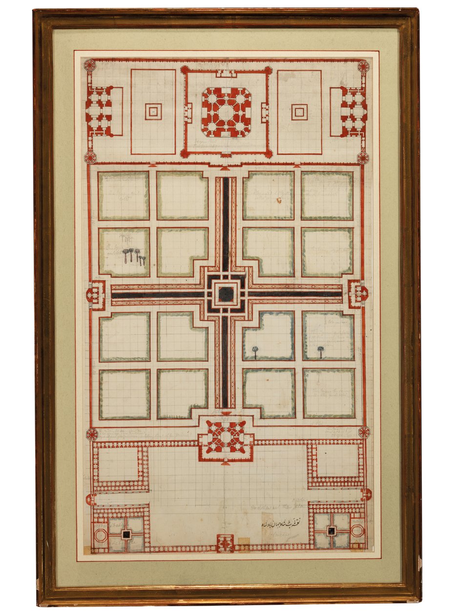 Tidlig skjematisk plan over hagene til Taj Mahal, Agra, Nord-India, ca. 1805 av Indian School