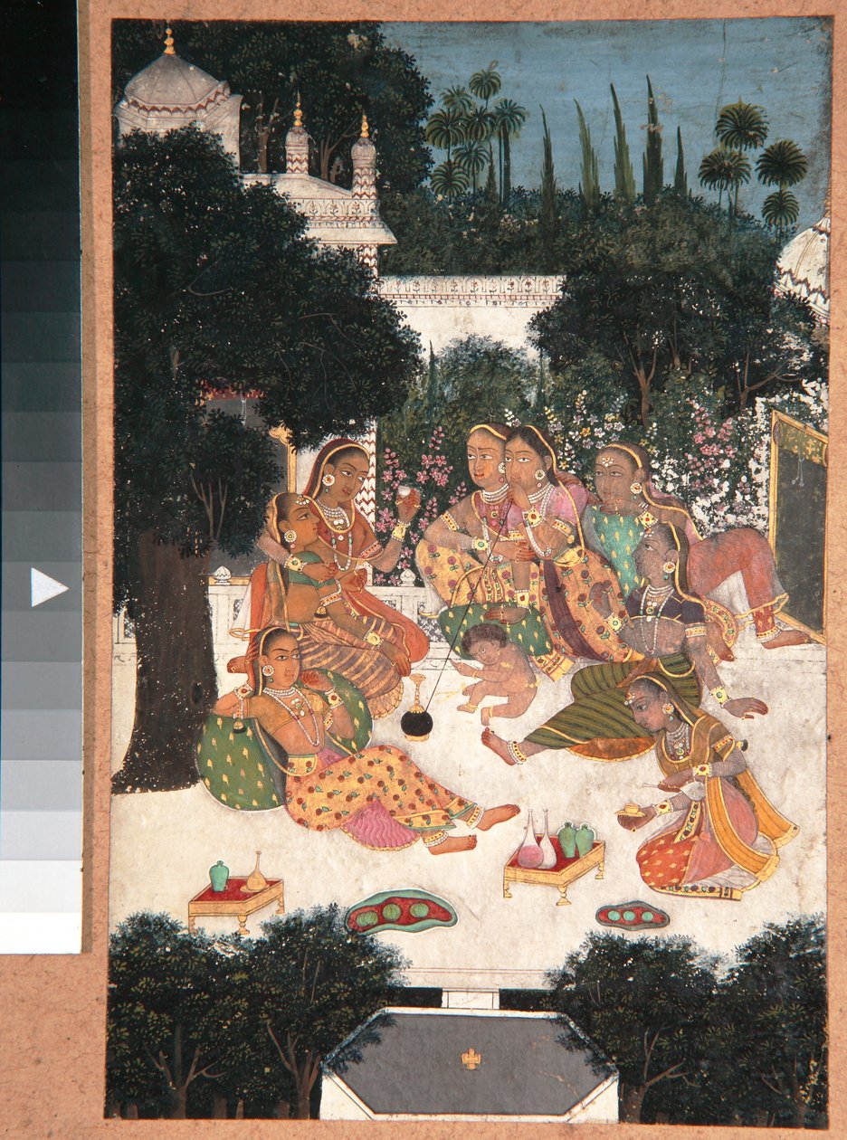 Åtte kvinner og et barn på en palassterrasse, ca. 1760 (ugjennomsiktig wc på papir) av Indian School