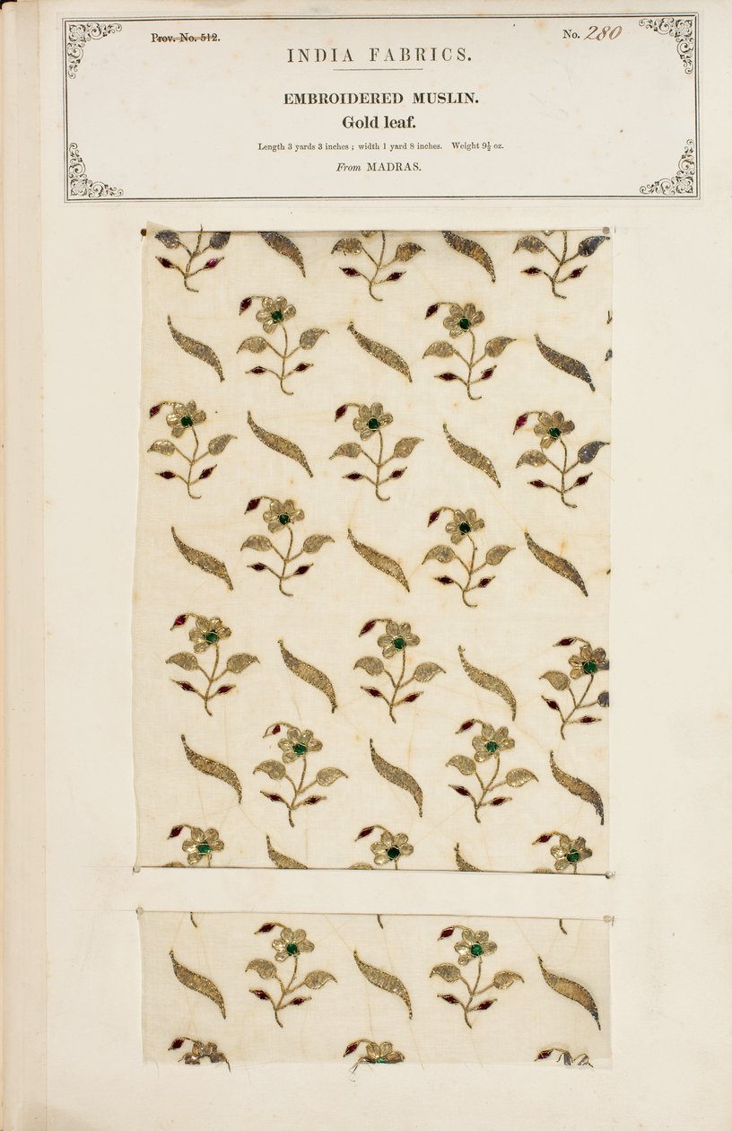 Brodert muslinprøve fra Madras, fra The Collection of the Textile Manufacturers of India, av John Forbes Watson, utgitt i 1866 av Indian School