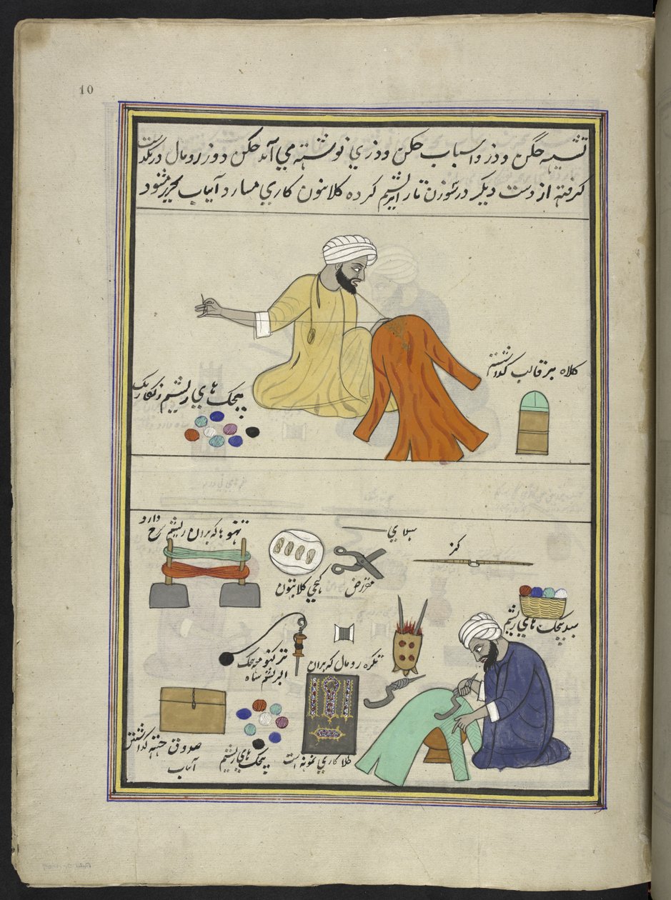 Broderer og gofferer,  86 tegninger bundet inn i et bind som viser håndverk og yrker i Kashmir, håndverkere vises i arbeid med redskaper og utstyr,  Av en Kashmir-kunstner, sannsynligvis i Srinagar, ca. 1850-60 (gouache på papir) av Indian School