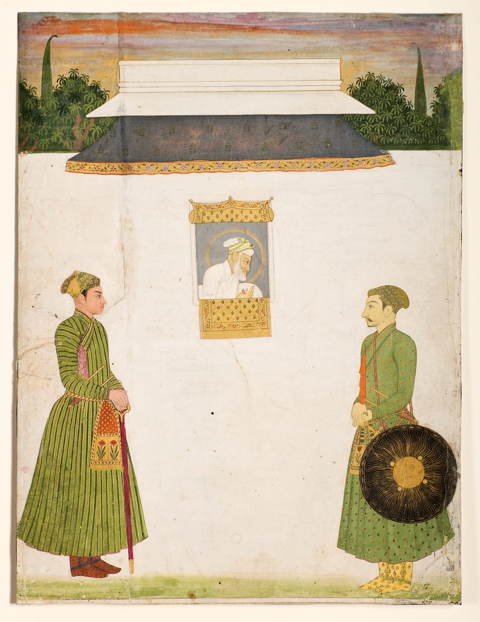 Keiser Aurangzeb ved et jharokha-vindu, to adelsmenn i forgrunnen, ca. 1710 (ugjennomsiktig wc gull på papir) av Indian School