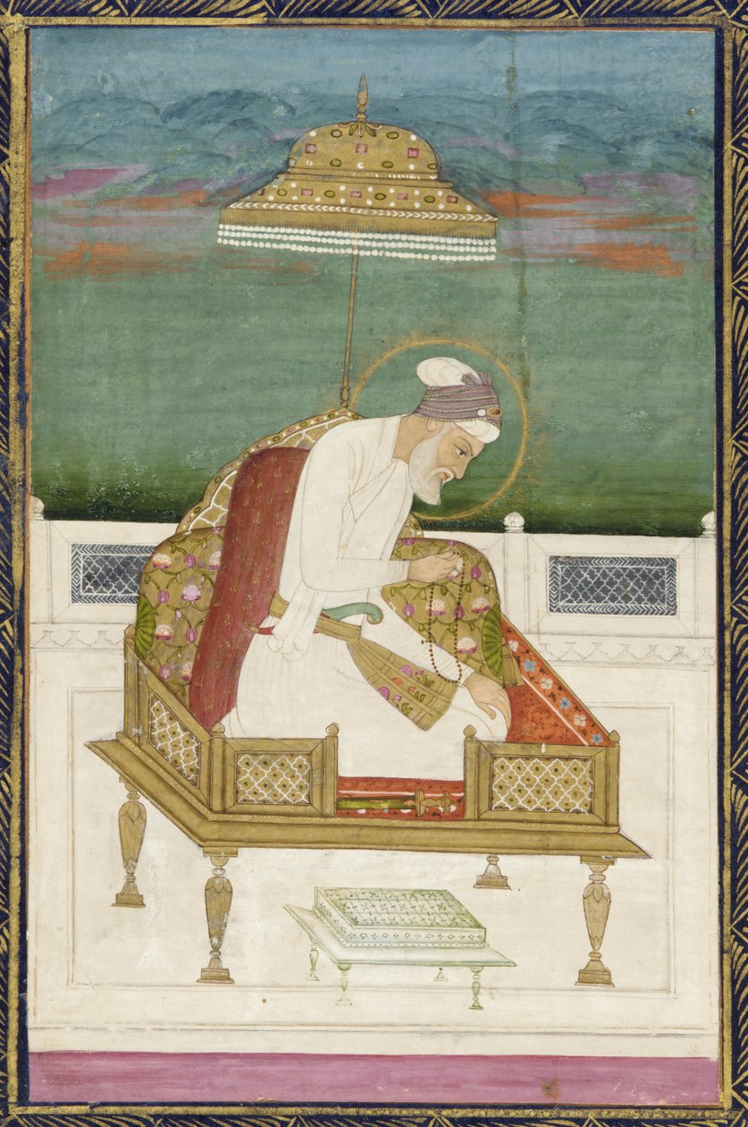 keiser Aurangzeb; bakside: kalligrafisk panel, løsrevet albumfolio med maleri, 1619 av Indian School