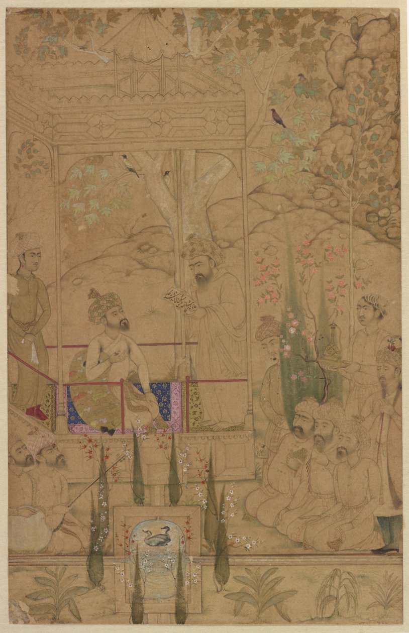 Keiser Babur med tjenere i en hage, ca. 1590 av Indian School