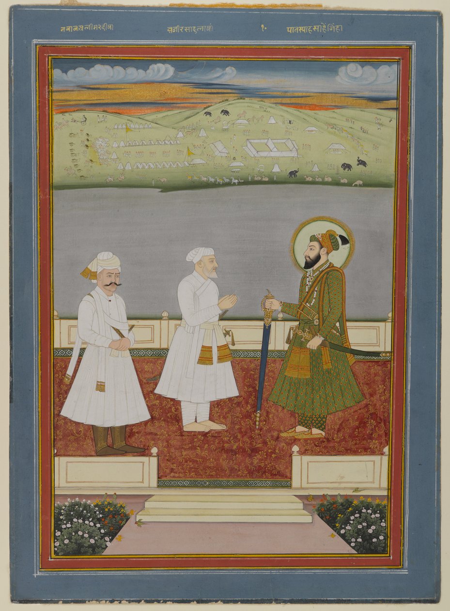 Keisermøte med hoffmenn, tidlig på 1700-tallet (ugjennomsiktig akvarell og gull på papir) av Indian School