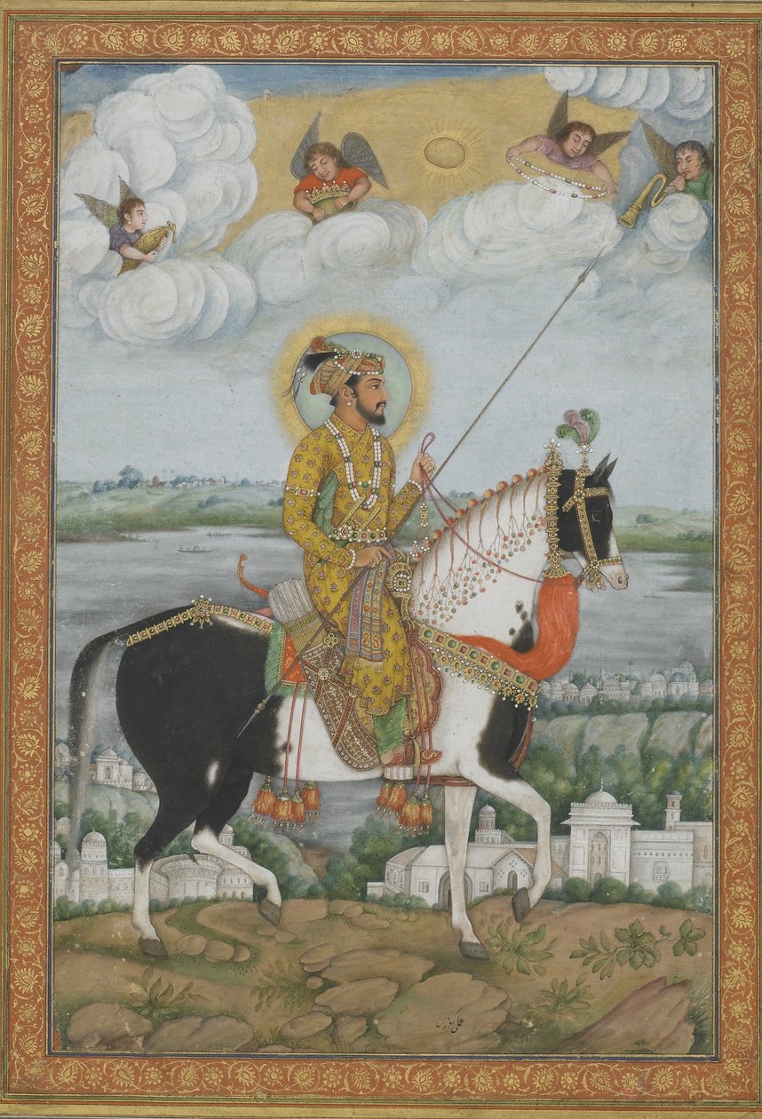 Ridesportrett av keiseren Shah Jahan fra Kevorkian Album (ugjennomsiktig akvarell og gull på papir) av Indian School