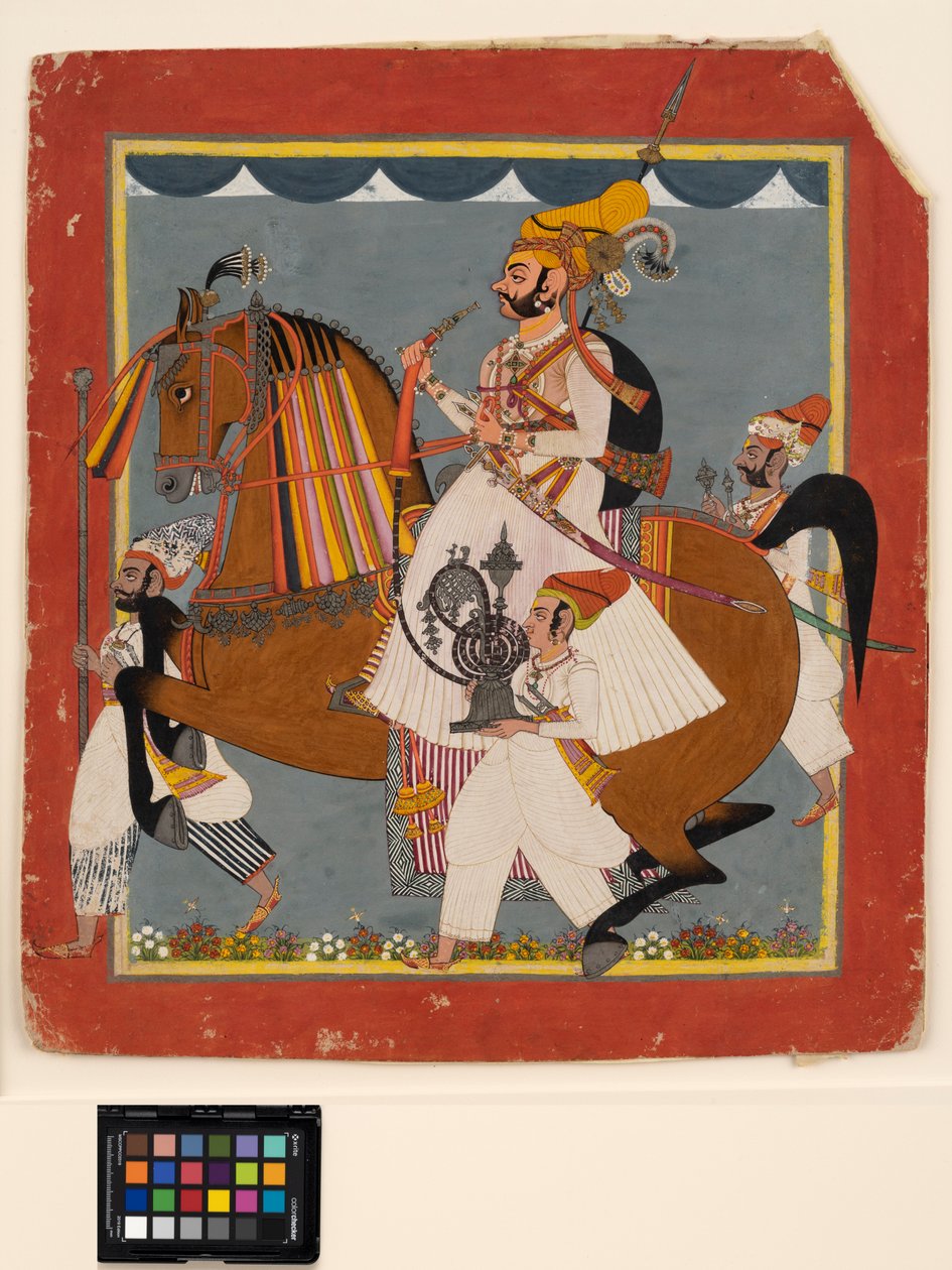 Rytter Raja Bhim Singh med vannpipe og tjenere, ca. 1820 (ugjennomsiktig m/c, gull og sølv på papir) av Indian School