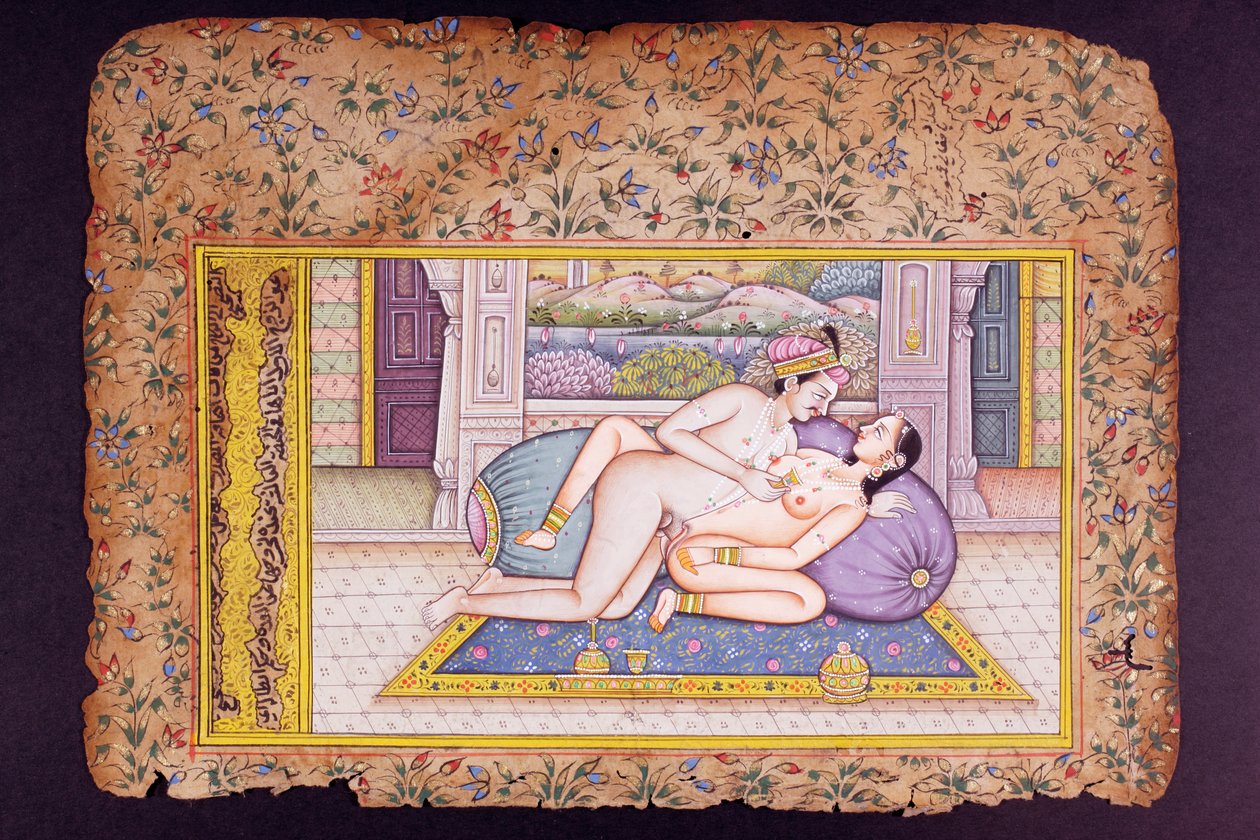 Erotisk scene i et luksuriøst boudoir, Rajasthani-miniatyrmaleri av Indian School