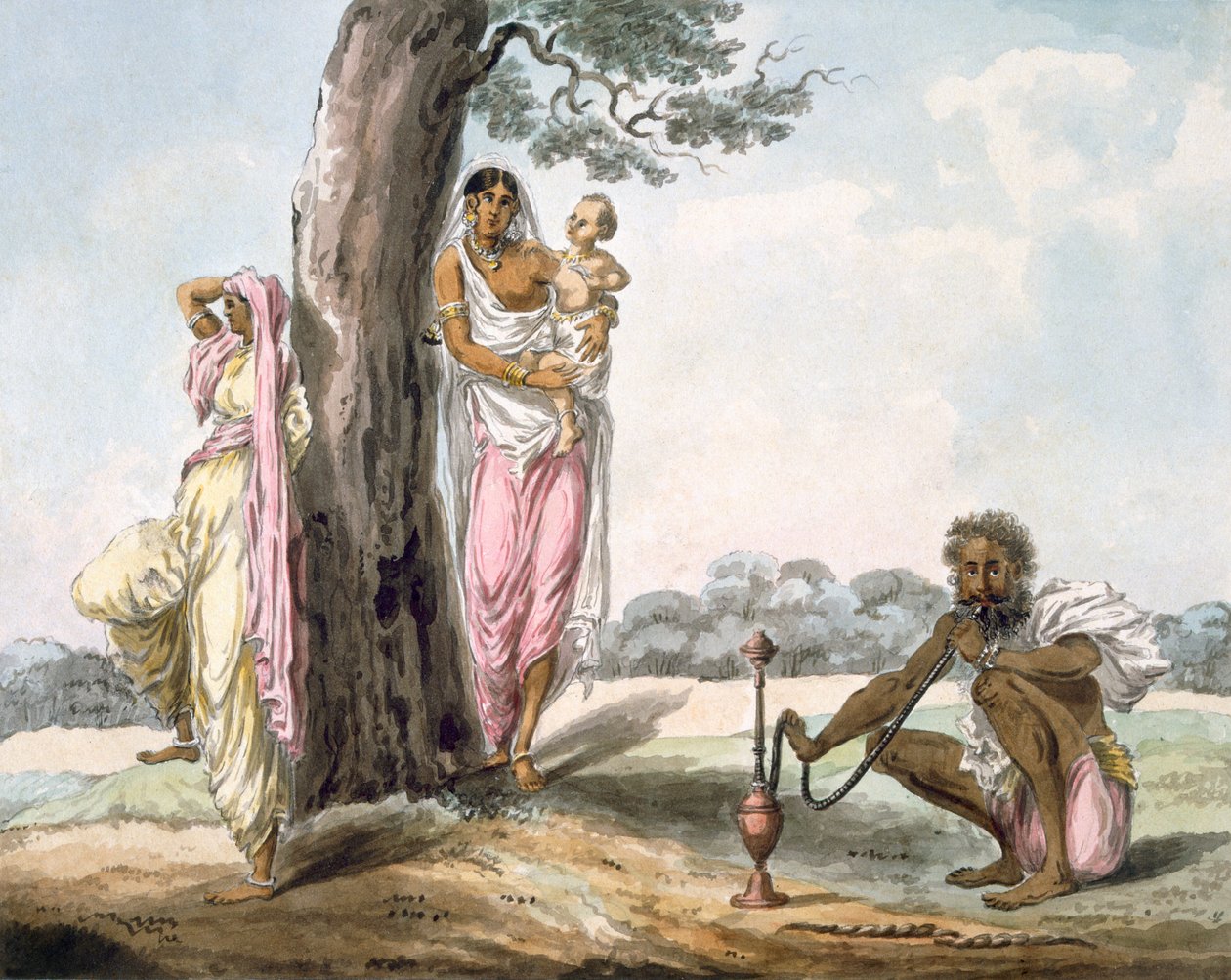 Familie: Mann som røyker vannpipe og jente som driver med yoga, ca. 1850 (wc på papir) av Indian School