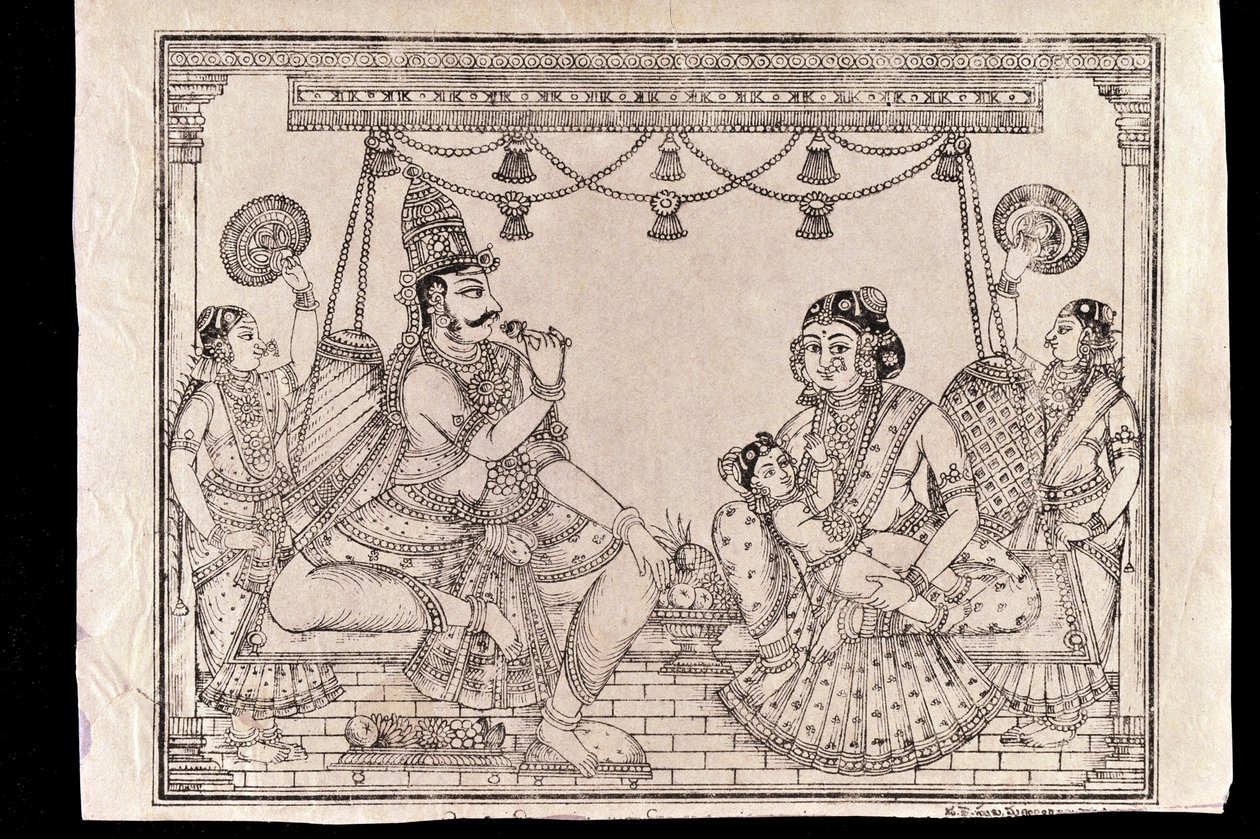 Familiescene (treblokktrykk) av Indian School