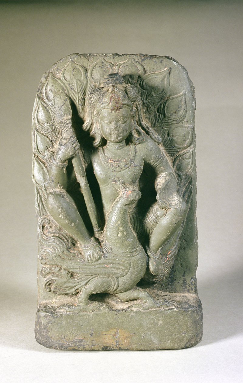Figur av Skanda med påfuglen hans, Punjab Hills (sandstein) av Indian School