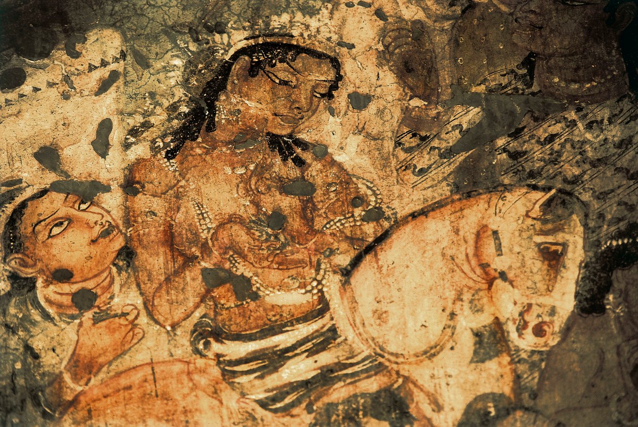 Figur av en kvinne på ryggen av en hest, veggmaleri i Ajanta-hulene (nummer 1), Gupta-perioden, 500-600-tallet (maleri) av Indian School