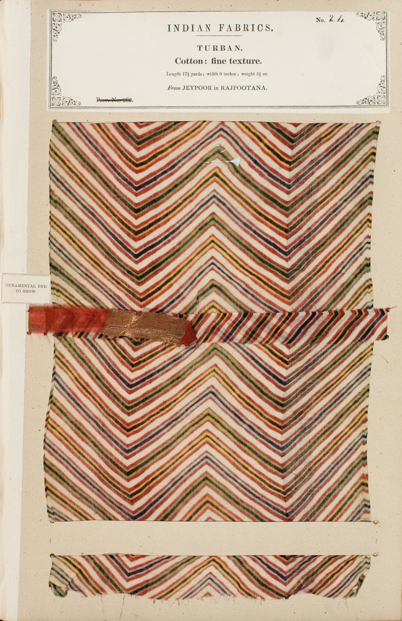 Fin bomullsturbanprøve fra Jeypoor i Rajpootana, fra The Collection of the Textile Manufacturers of India, av John Forbes Watson, utgitt i 1866 av Indian School