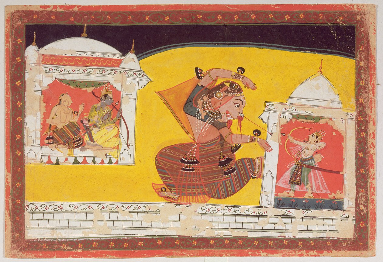 Folio 27 Laksmama kutter nesen til Surpanakha, fra Ramayana, innskrevet på baksiden i Devanagari, Malwa, Rajput School, sent på 1600-tallet av Indian School