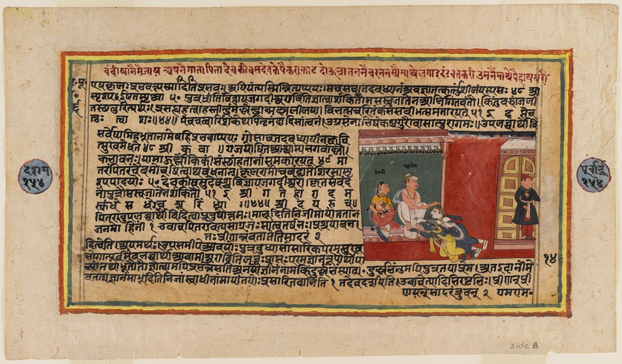 Folio fra en Bhagavata-serie, ca. 1610-50 (wc på papir) (verso av 499339) av Indian School