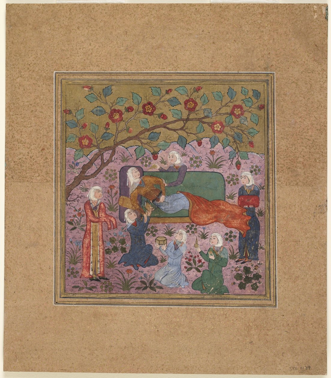 Folio fra en Shahnama (Kongenes bok) av Firdawsi (d.1020); En liggende kvinne omgitt av ledsagere (ugjennomsiktig akvarell, blekk og gull på papir) av Indian School