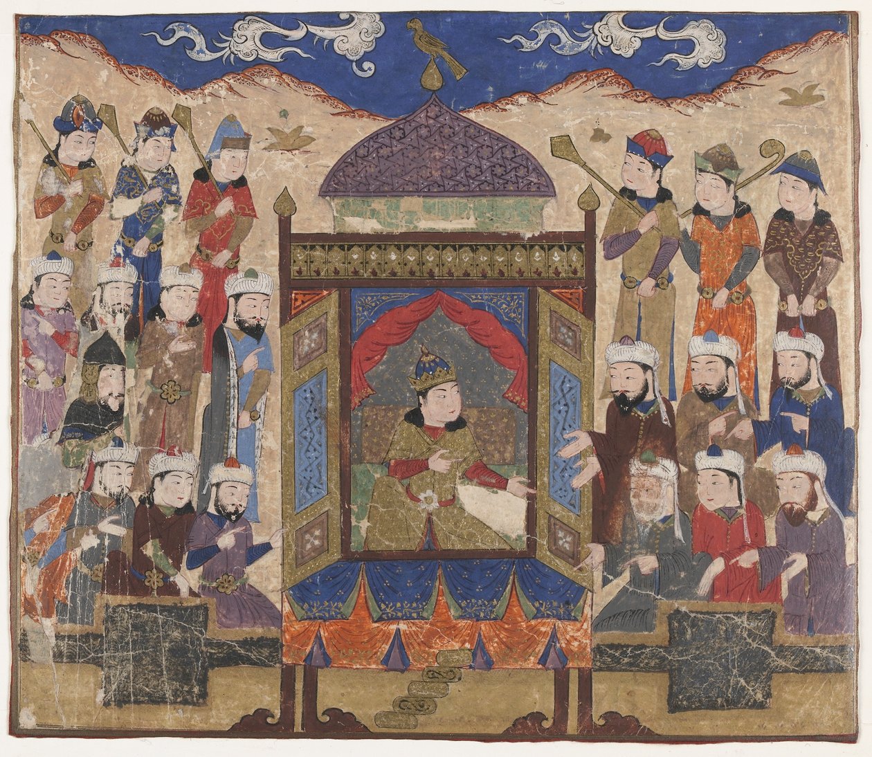 Folio fra en Shahnama (Kongenes bok) av Firdawsi (d. 1020); Kay Khusraw Parwez sittende på Takht-i Taqdis, muligens India, ca. 1425–50 (ugjennomsiktig akvarell og gull på papir) av Indian School