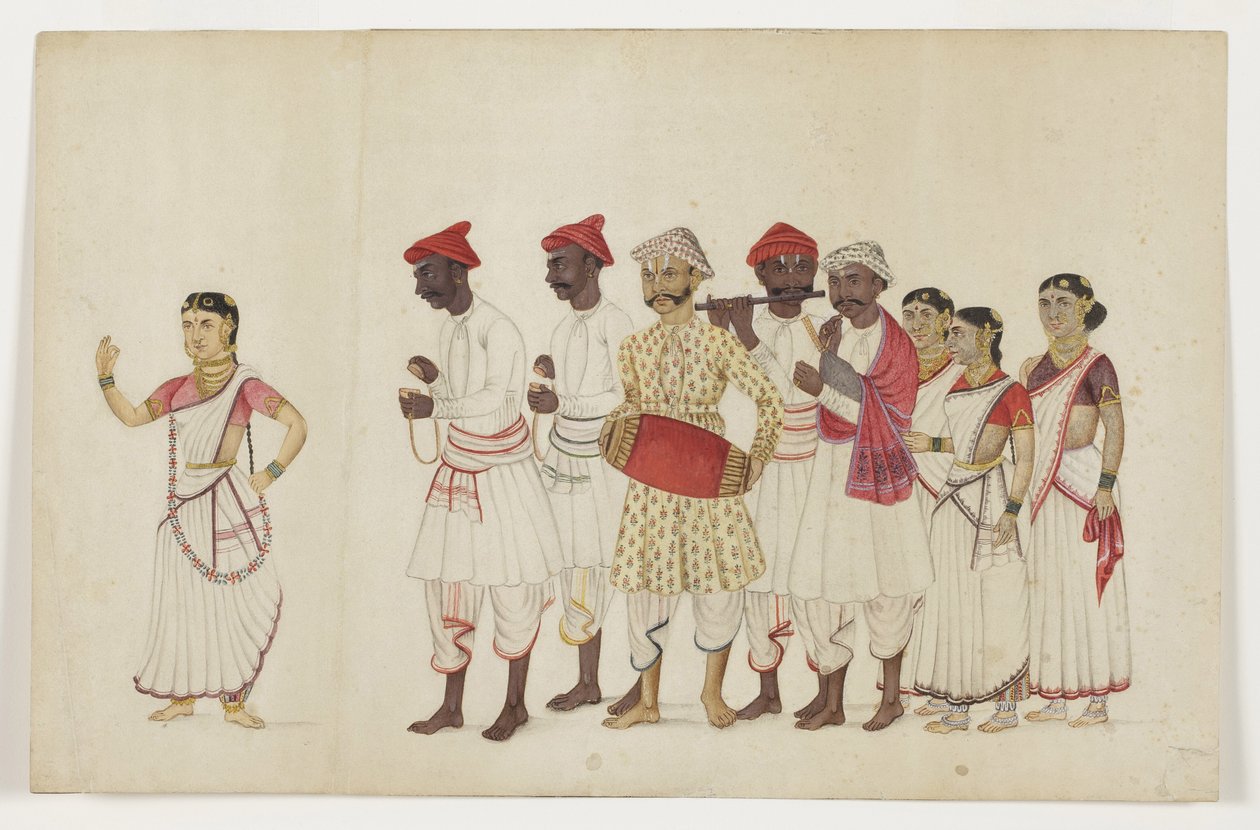 Fire kvinnelige dansere i prosesjon med musikere, ca. 1830 (ugjennomsiktig wc og gull på papir) av Indian School