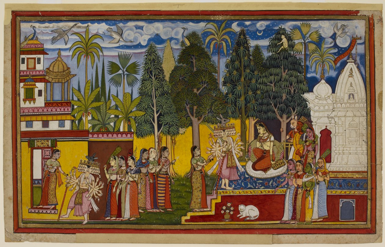 Fra et Shingshapa-tre observerer Hanumān Sītā omgitt av kvinnelige titaner idet Rāvaṇa ankommer og ber henne om å gifte seg med ham. av Indian School