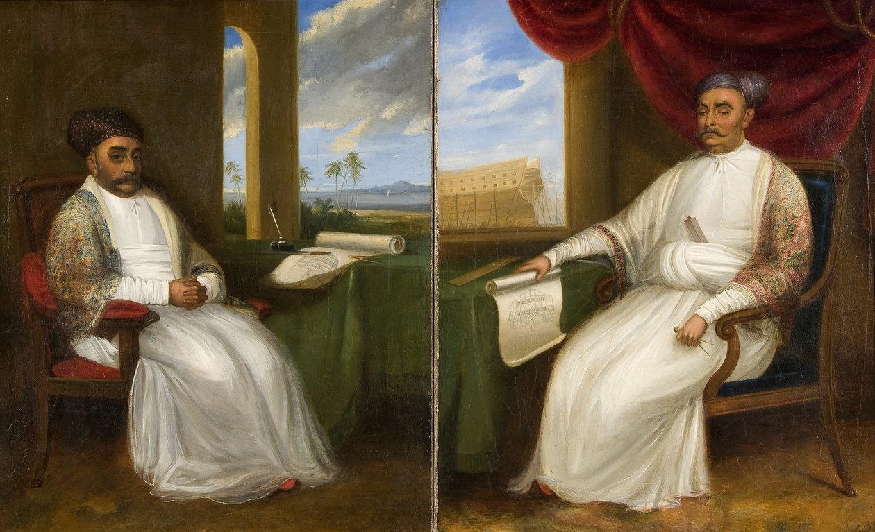 Portrett i full lengde av Parsi-mesterskipsbyggeren Jamsetjee Bomanjee og sønnen hans, Nourojee Jamsetsee, 1830 av Indian School