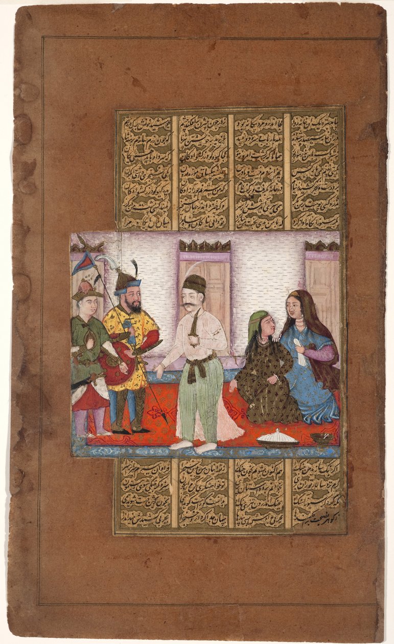 Garsivaz arresterer Bizhan i Manizhas leiligheter, ca. 1610 (ugjennomsiktig wc og gull på papir) av Indian School