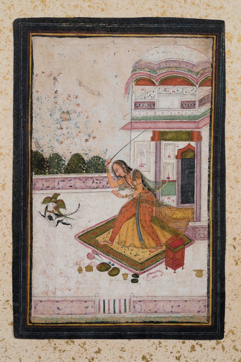 Jente som jager en katt (gouache på papir, gullpynt) av Indian School