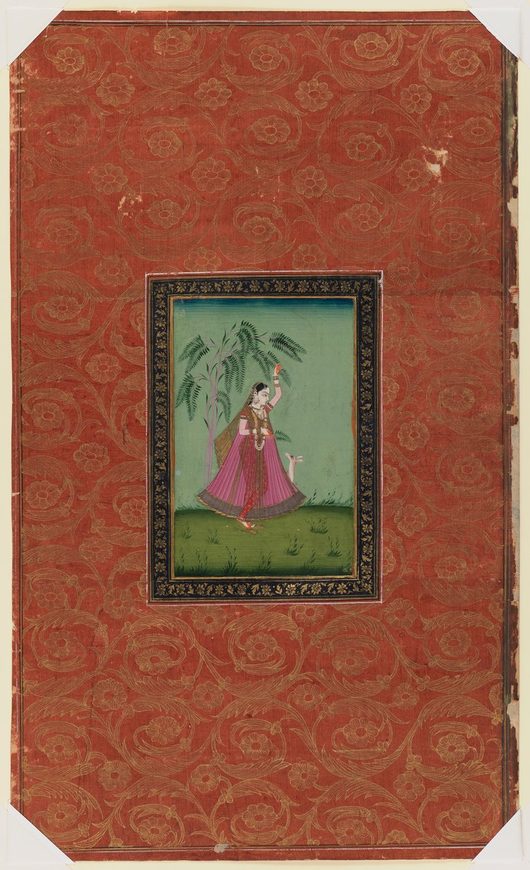 Jente med en hjort, 1875-1900 (ugjennomsiktig wc og gull på papir) av Indian School