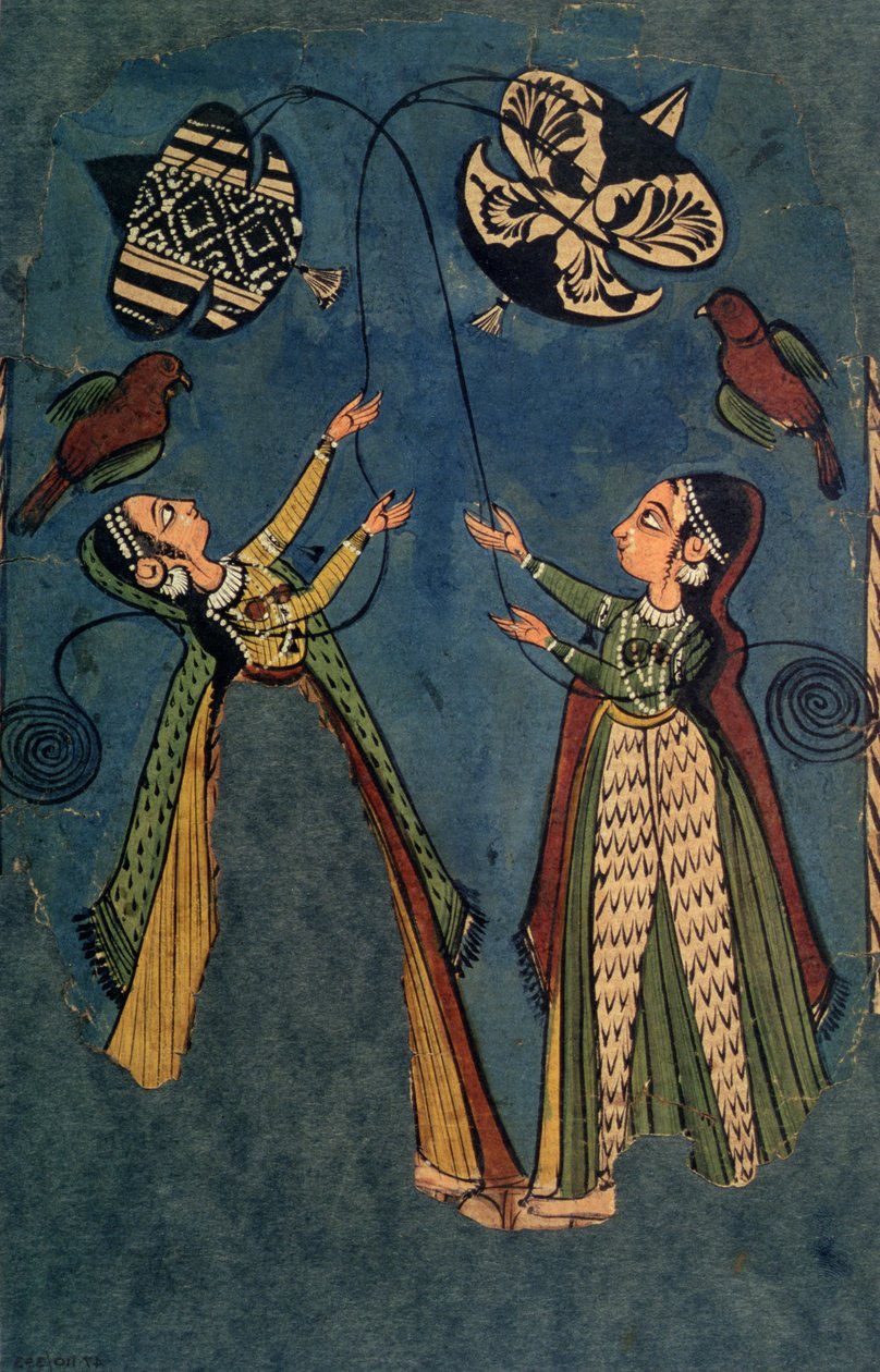 Girls Flying Kits, Kullu Folk Painting, Himachal Pradesh av Indian School