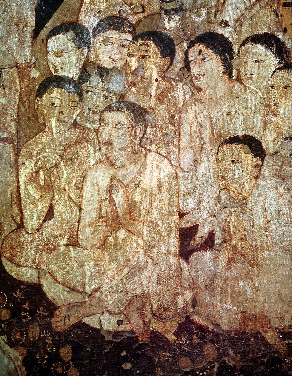 En gruppe disipler som sørger over Buddhas død, fra det indre av hule 17 av Indian School