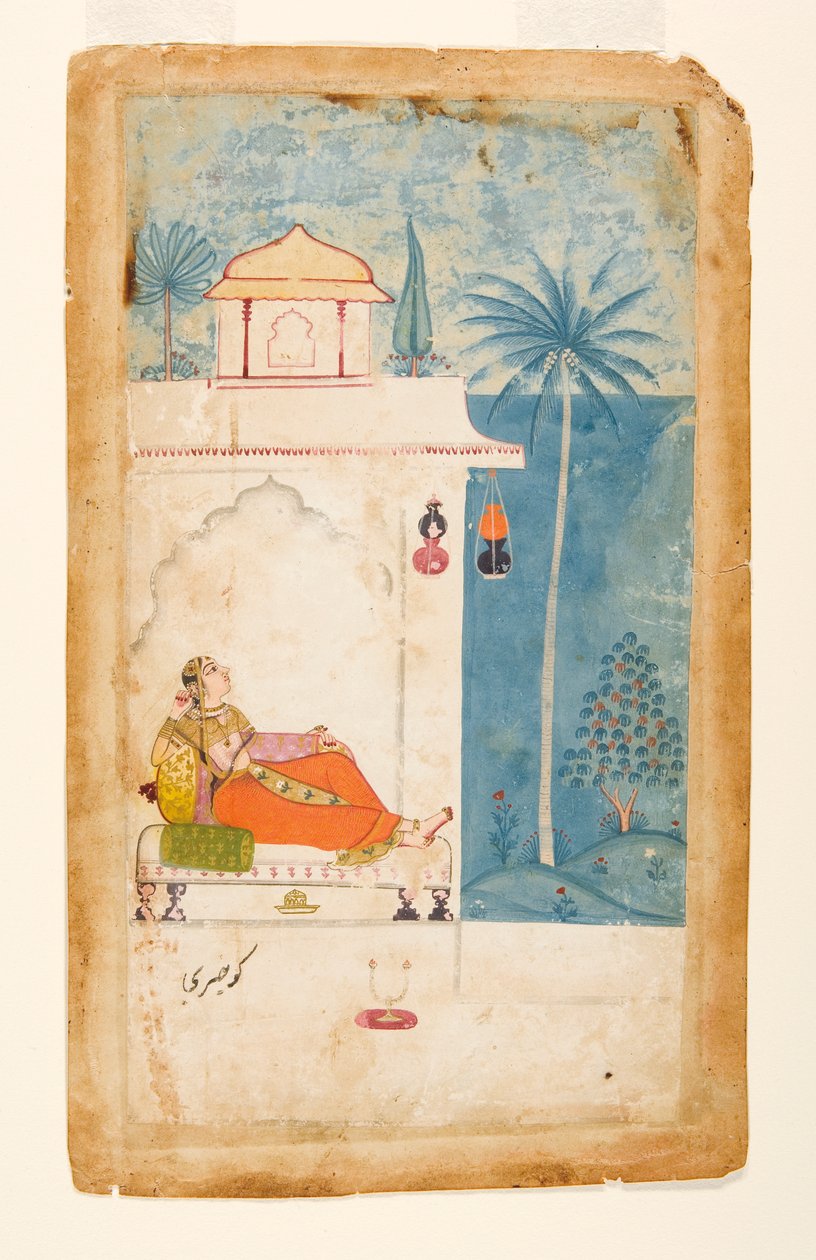 Gurjari Ragini fra Megh, C.140 (Opikue Vasi og gull på papir) av Indian School