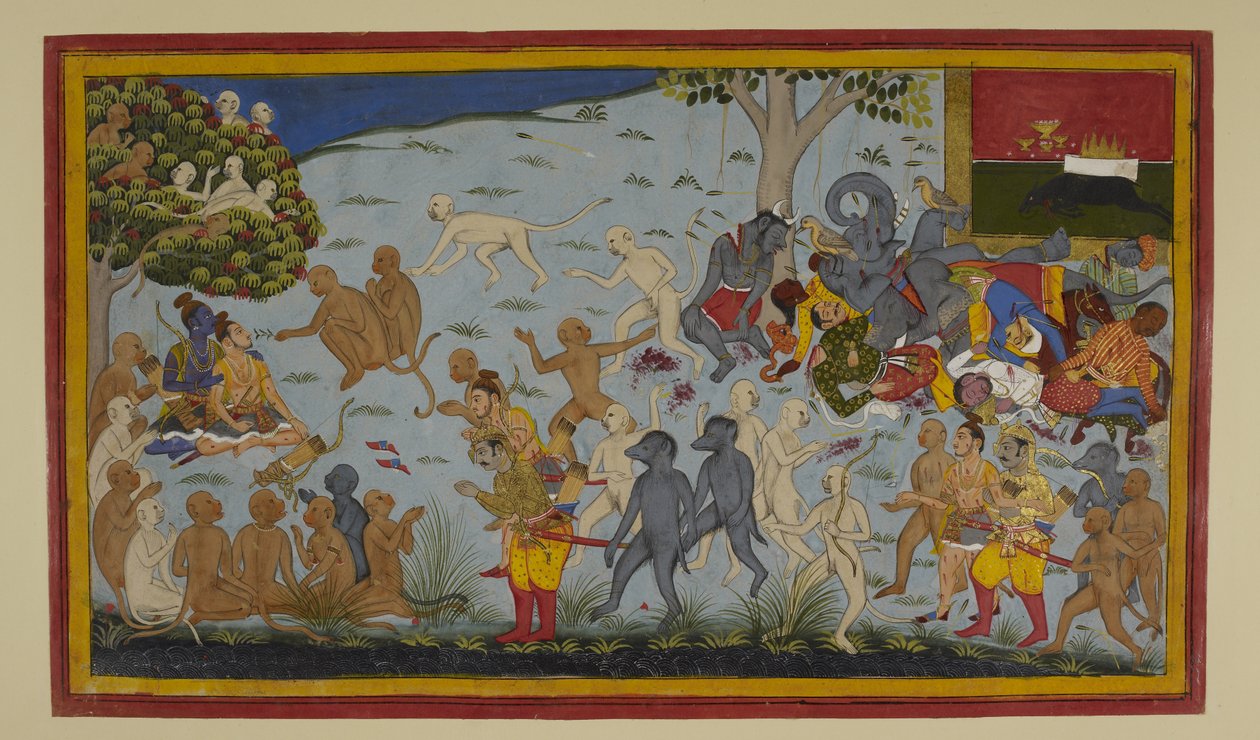Hanumān og Vibhīṣaṇa bringer den sårede Lakṣmaṇa til Rāma, som helbreder ham av Indian School