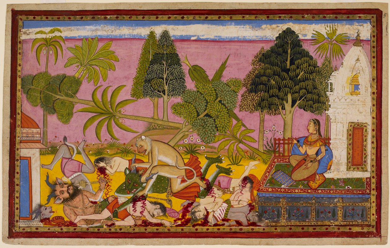 Hanumān angriper demonene, ødelegger fornøyelseshagen og beseirer Rāvaṇas styrker mens Sītā ser på. 1653 (miniatyr) av Indian School