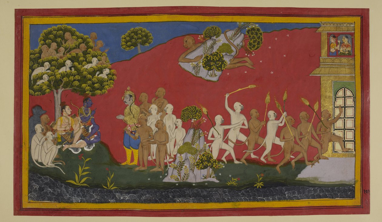 Hanumān helbreder de sårede med urter; aper brenner Laṅkā og glemmer Indrajit av Indian School