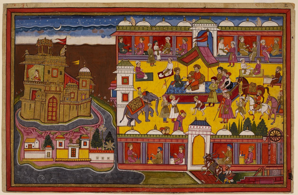 Hanumān observerer hovedtorget i Laṅkā fra basartaket, og beveger seg deretter til toppen av Rāvaṇas gylne palass av Indian School