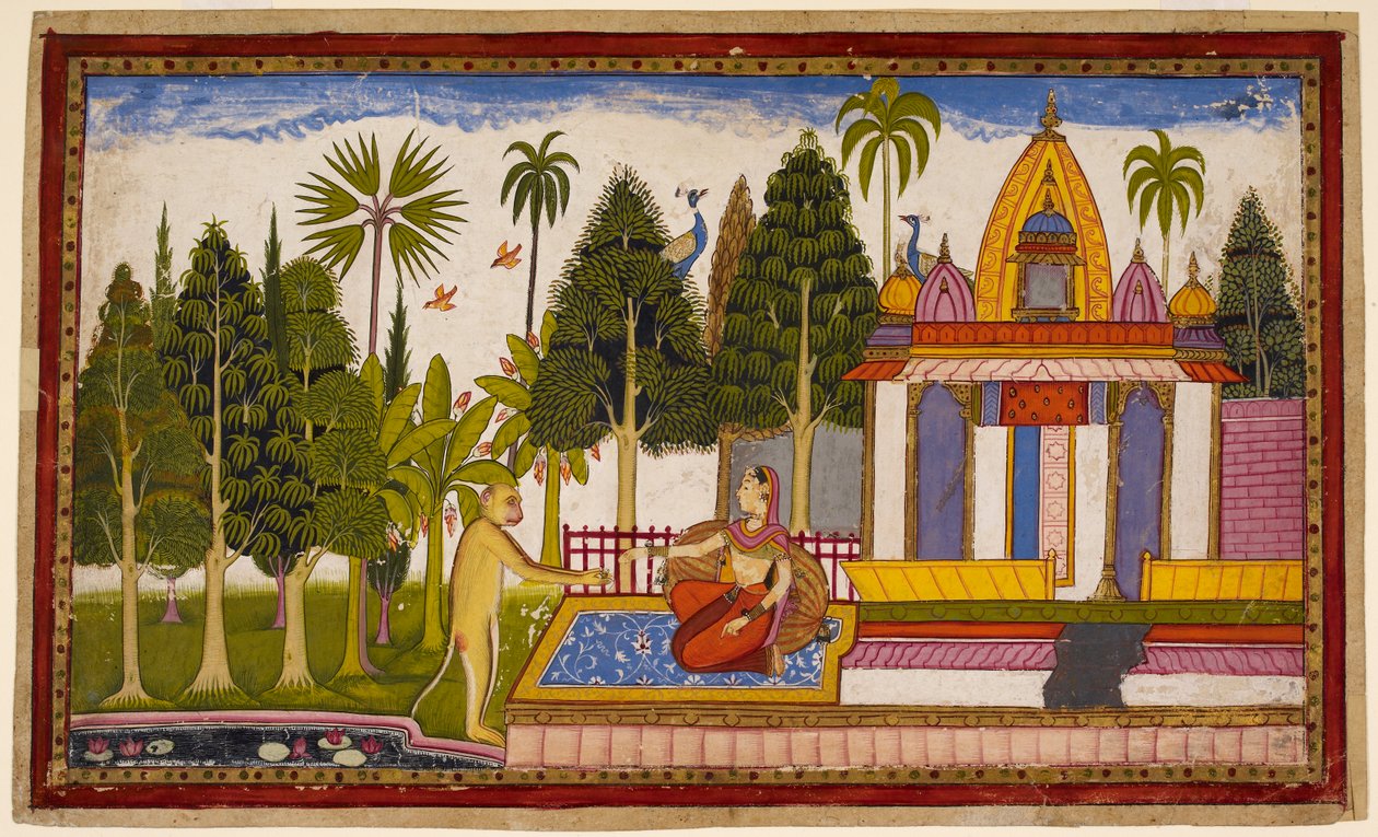 Hanumān åpenbarer seg for Sītā og tilbyr seg å redde henne, men hun insisterer på at bare Rāma kan gjøre det, og gir ham en juvel til Rāma. 1653 (miniatyr) av Indian School