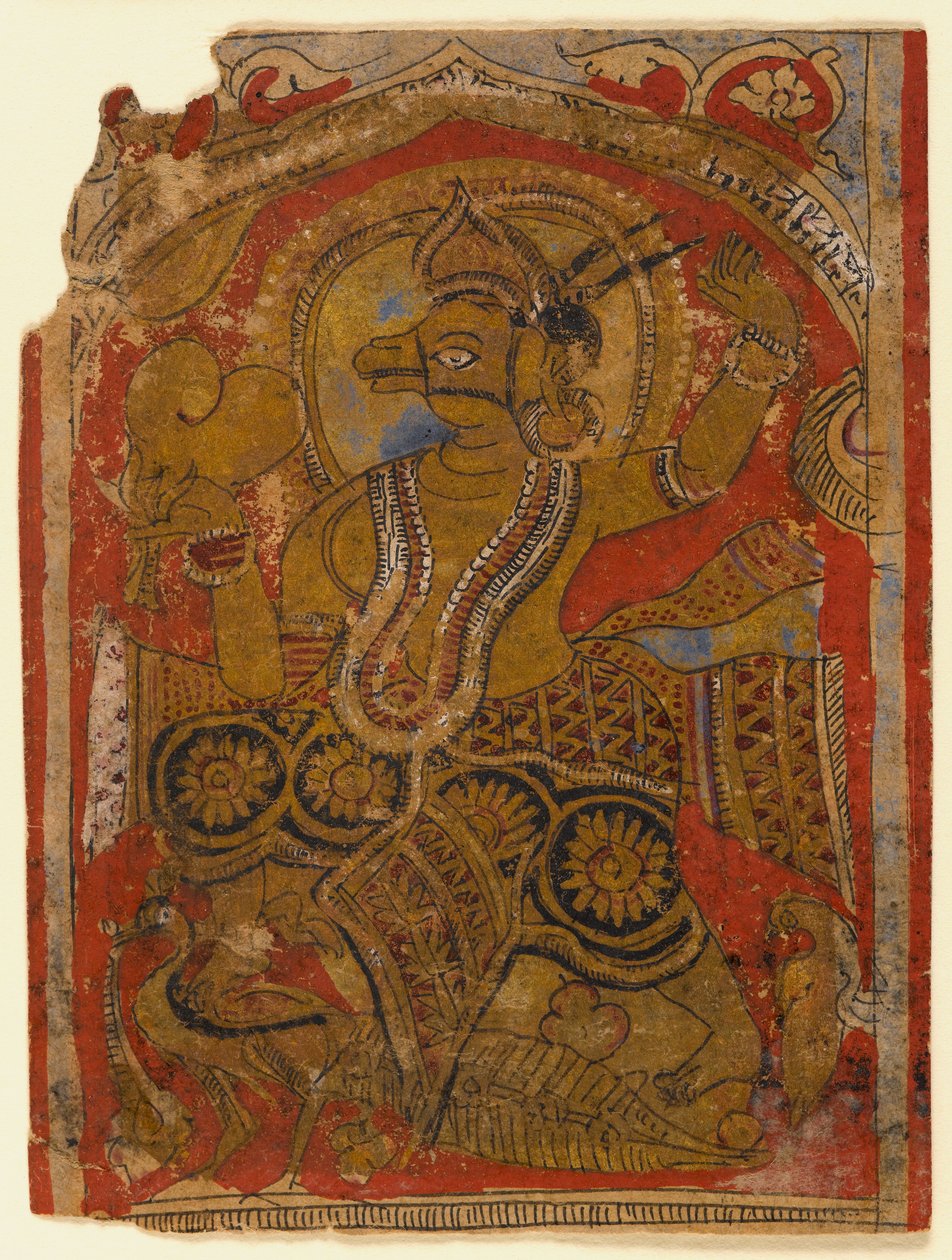 Harinegameshin bærer embryoet, fragment av et blad fra en spredt Kalpasutra (wc og gull på papir) av Indian School