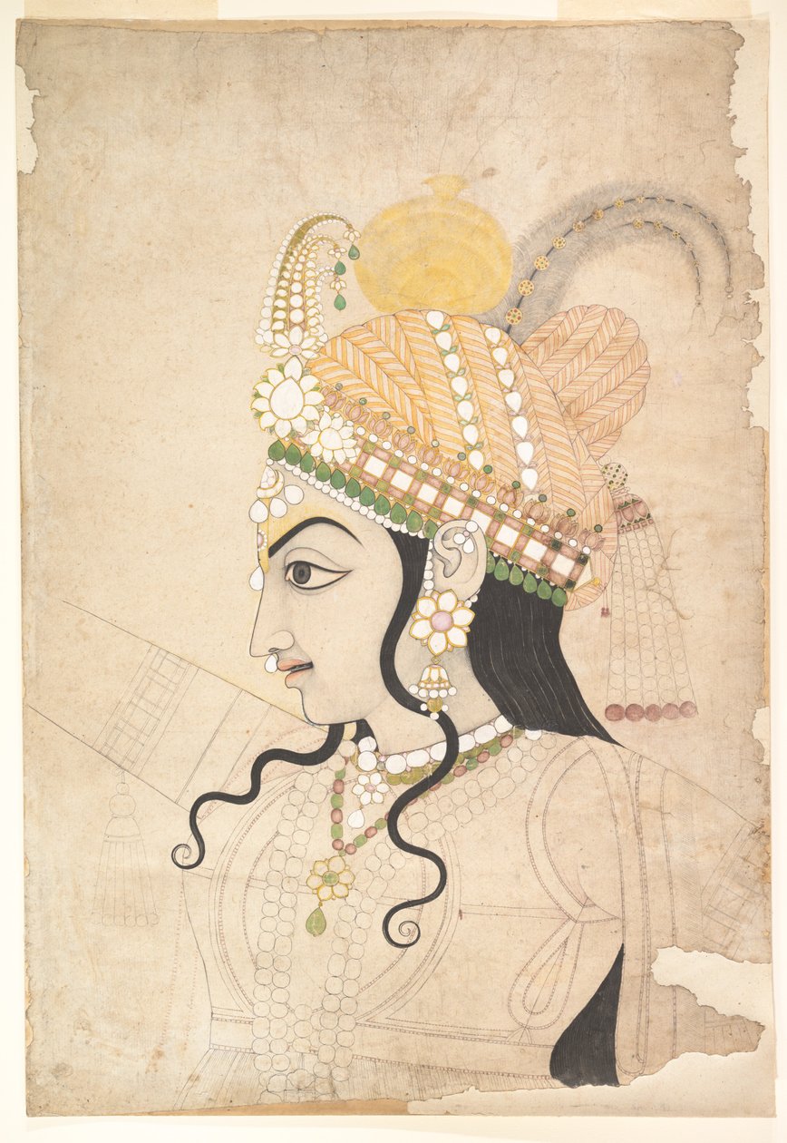 Head of Krishna: tegneserie for et veggmaleri av Raslila, ca. 1800 (blekk og akvarell på papir) av Indian School