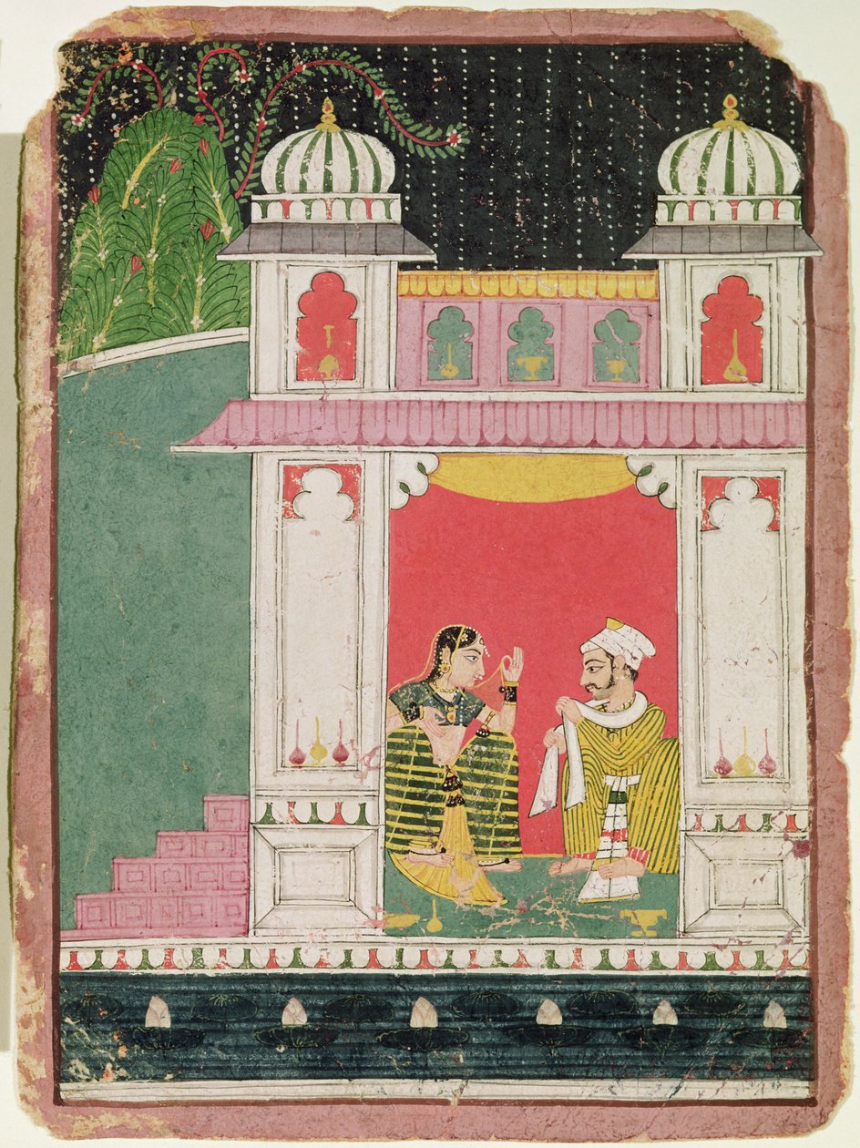 Heltinne og kjæresten hennes i en paviljong, ca. 1640-50 (blekk og wc på papir) av Indian School