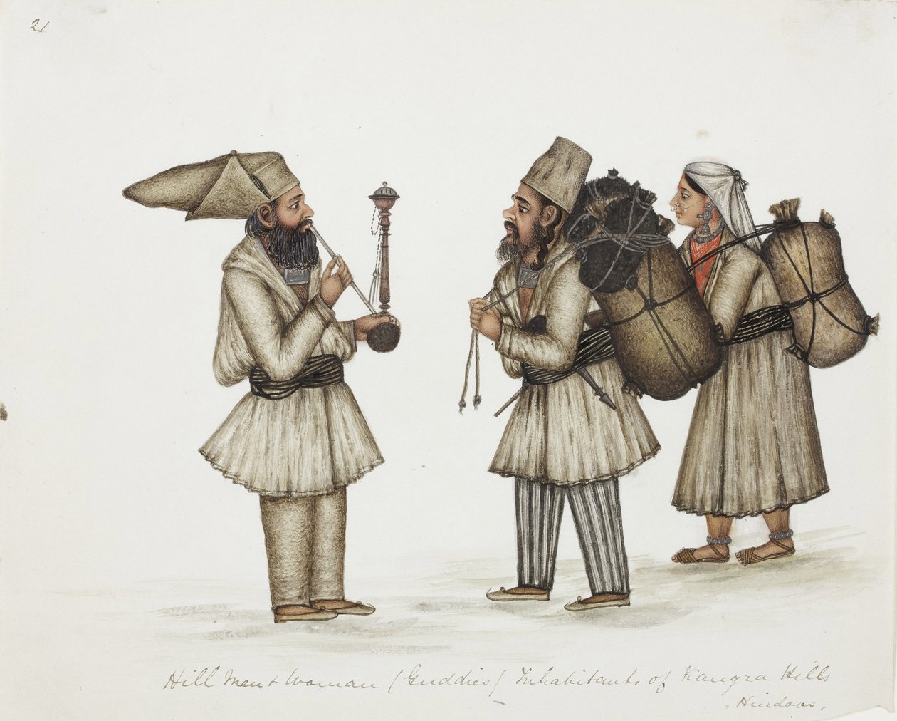 Hill Men and Woman (Guddies) Inhabitants of Kangra Hills Hindoos, ca. 1840 (ugjennomsiktig wc på papir) av Indian School